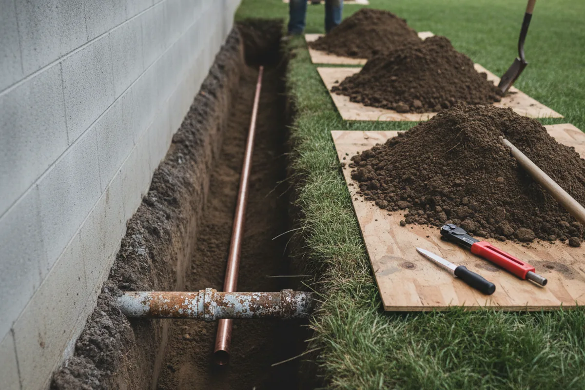 Excavated water line trench during Sewer Line Repair in Morgantown